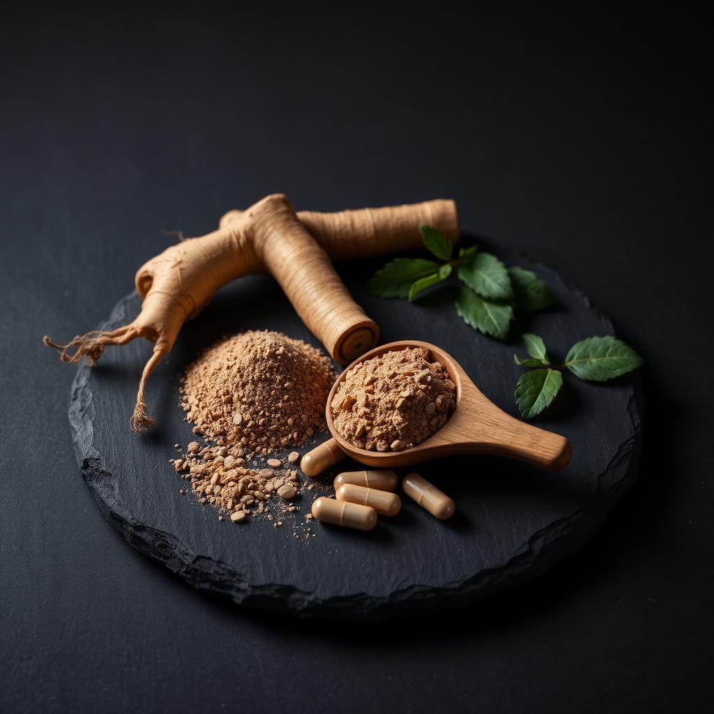 Natural ingredients associated with AXIS Male Enhancement™: ginseng root, maca powder and herbal capsules on dark slate