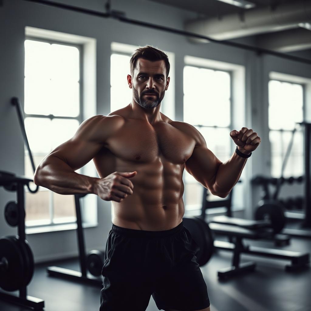 Active man training in a bright Scandinavian gym, illustrating an energetic lifestyle supported by AXIS Male Enhancement™